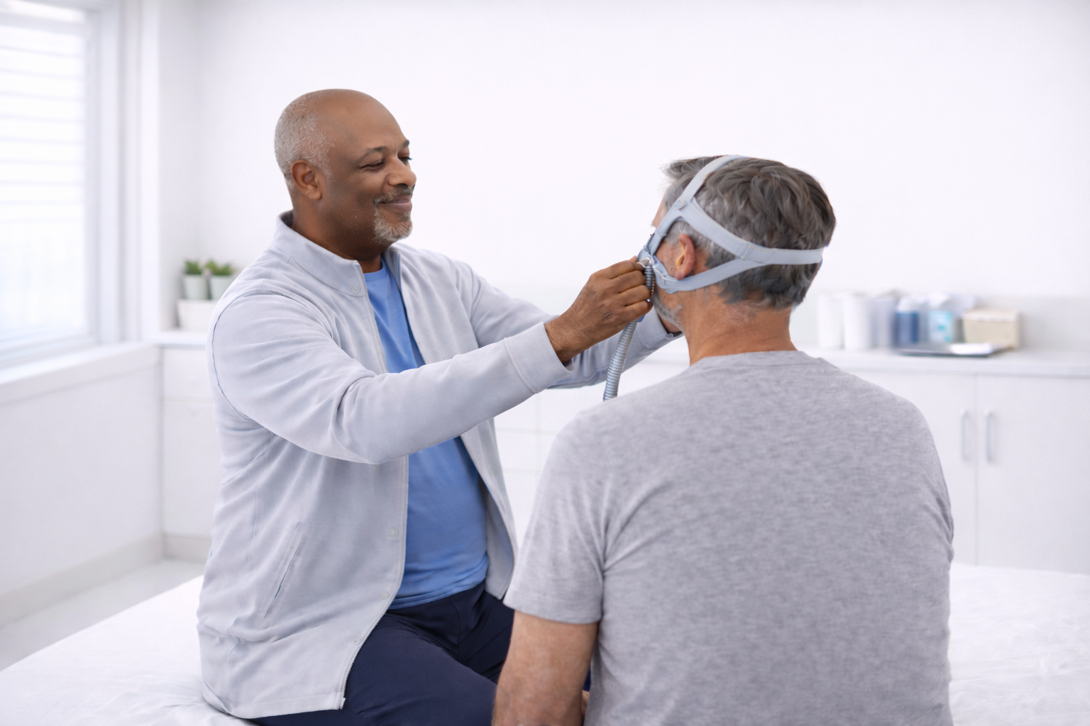 Header image of a patient at a DME provider – Sleep Apnea mask fitting